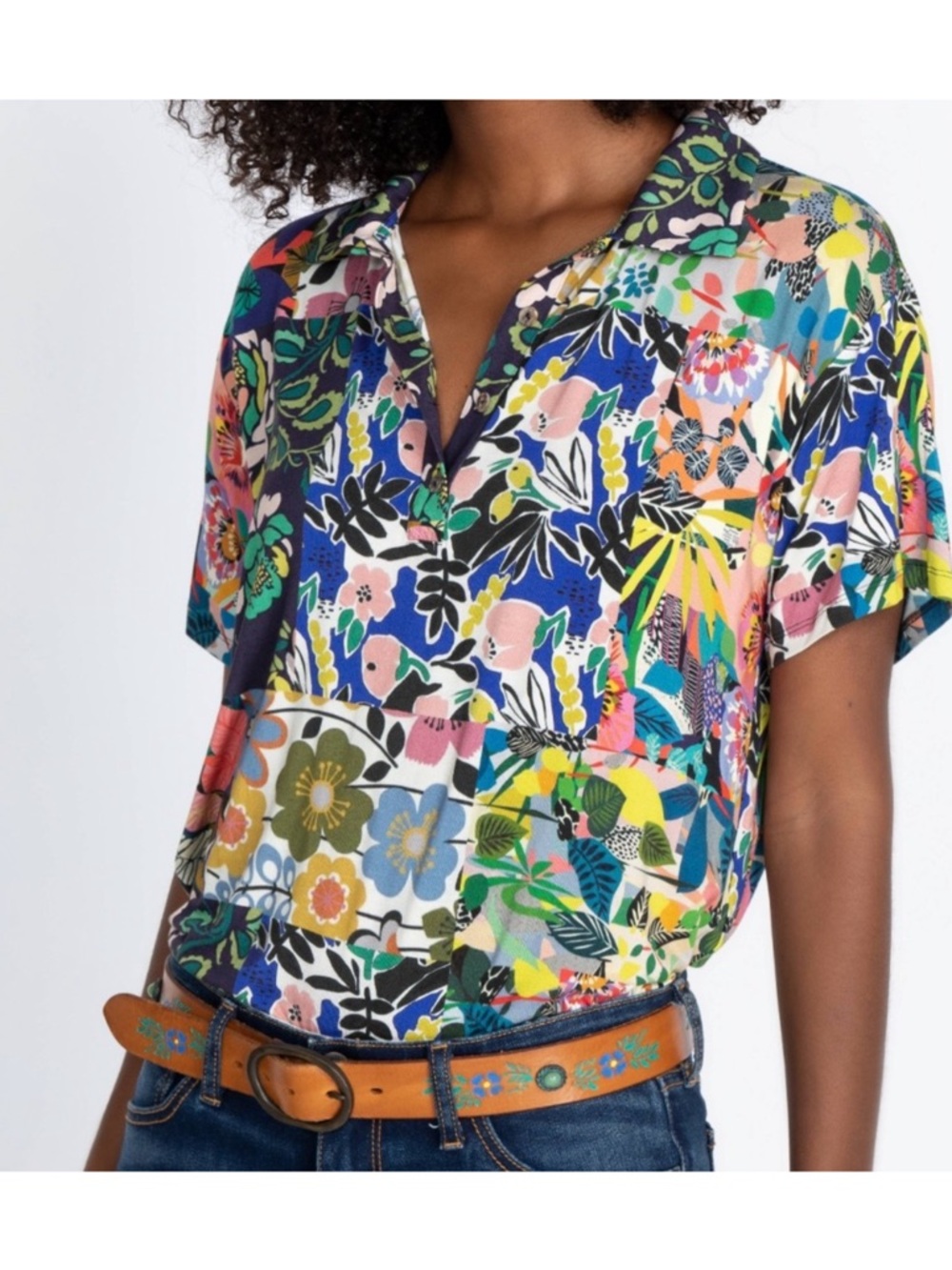 Johnny Was Chelsea Garden S/S Polo Button-Up - Multicolor